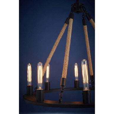 Orsina Hampstead 8-Light Chandelier – Antique Black Iron & Linen Rope