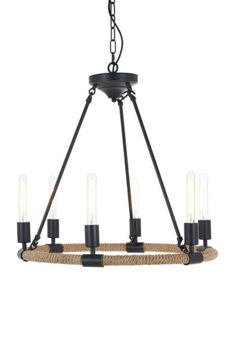 Orsina Hampstead 6-Bulb Industrial Chandelier | Black Iron & Rope
