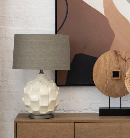 Orsina Usha Ceramic Table Lamp | Textured Grey and Brown Linen Shade