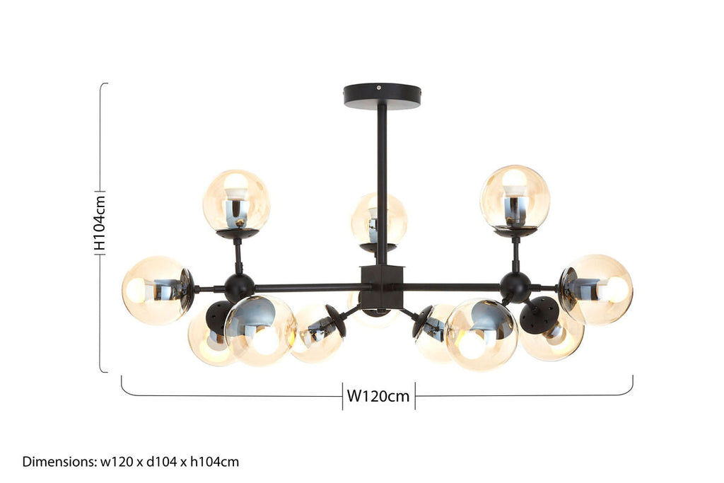 Orsina Abira 12-Arm Pendant Light – Matte Black & Glass Chandelier