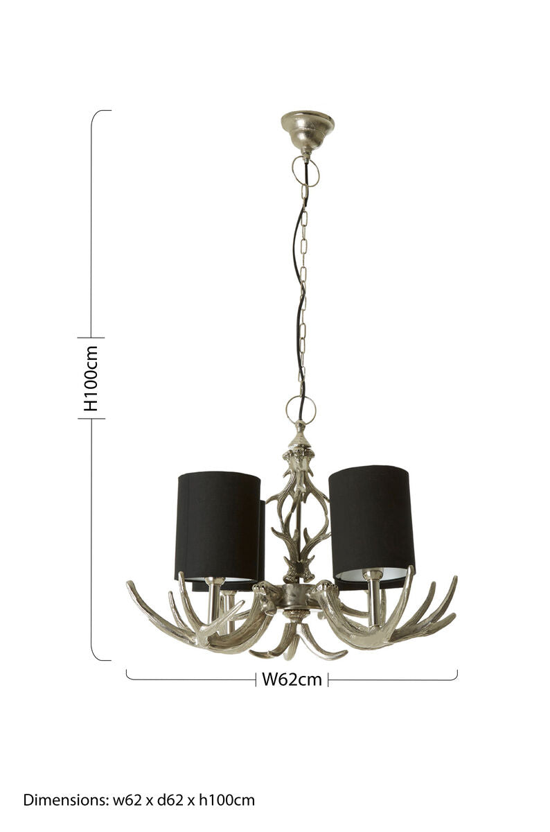 Orsina 4-Light Antler Chandelier – Silver & Black Drum Shade Pendant