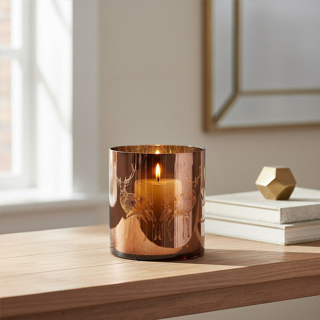 Orsina Stag Candle Holder – Medium Brown Metallic Glass Hurricane