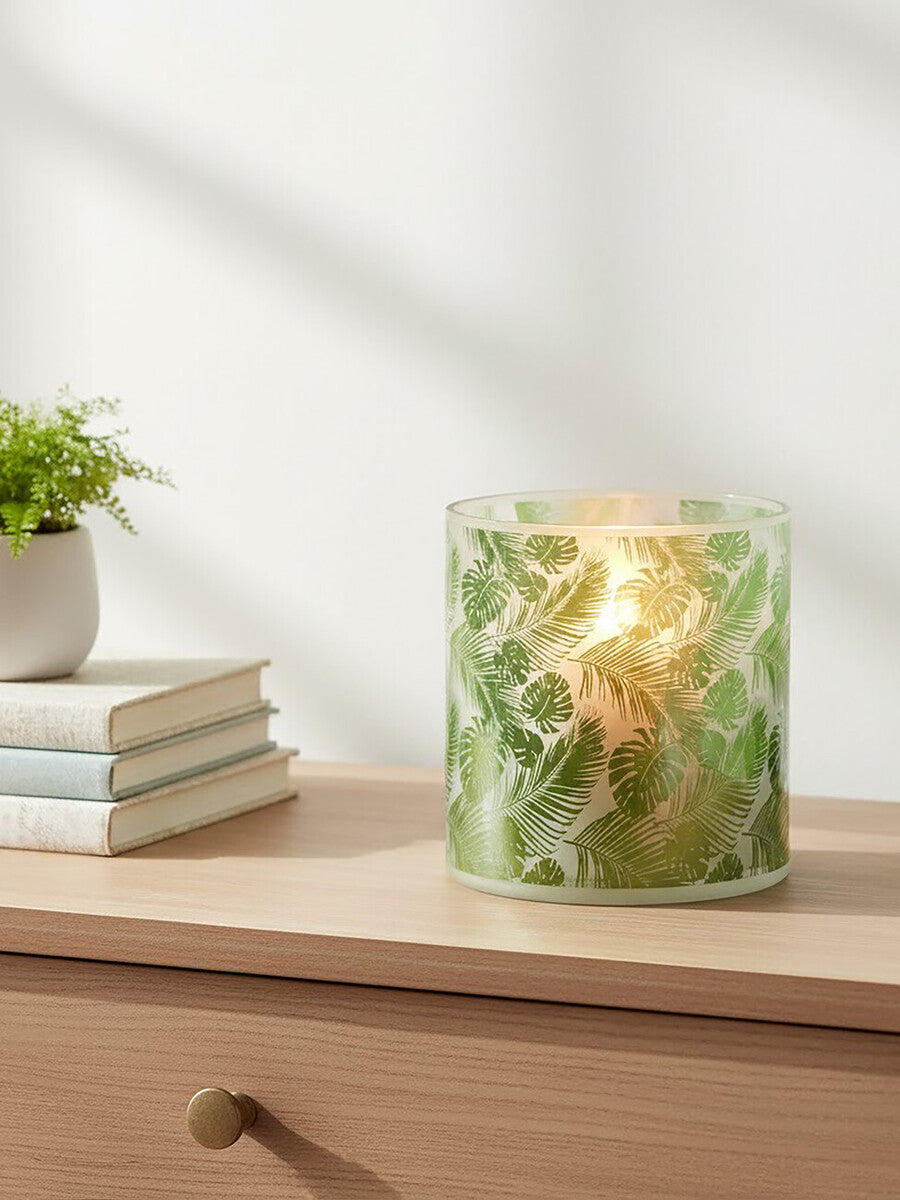 Orsina Botanical Green Glass Hurricane Candle Holder – Medium