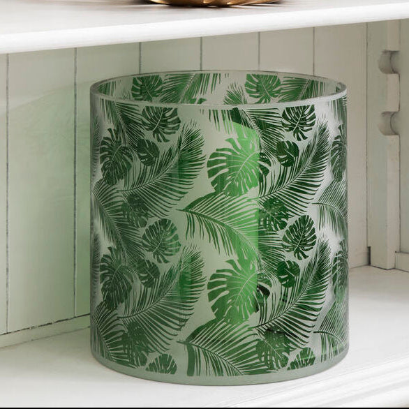 Orsina Botanical Green Glass Hurricane Candle Holder – Large Leaf Motif