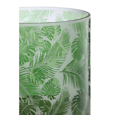 Orsina Botanical Green Glass Hurricane Candle Holder – Large Leaf Motif