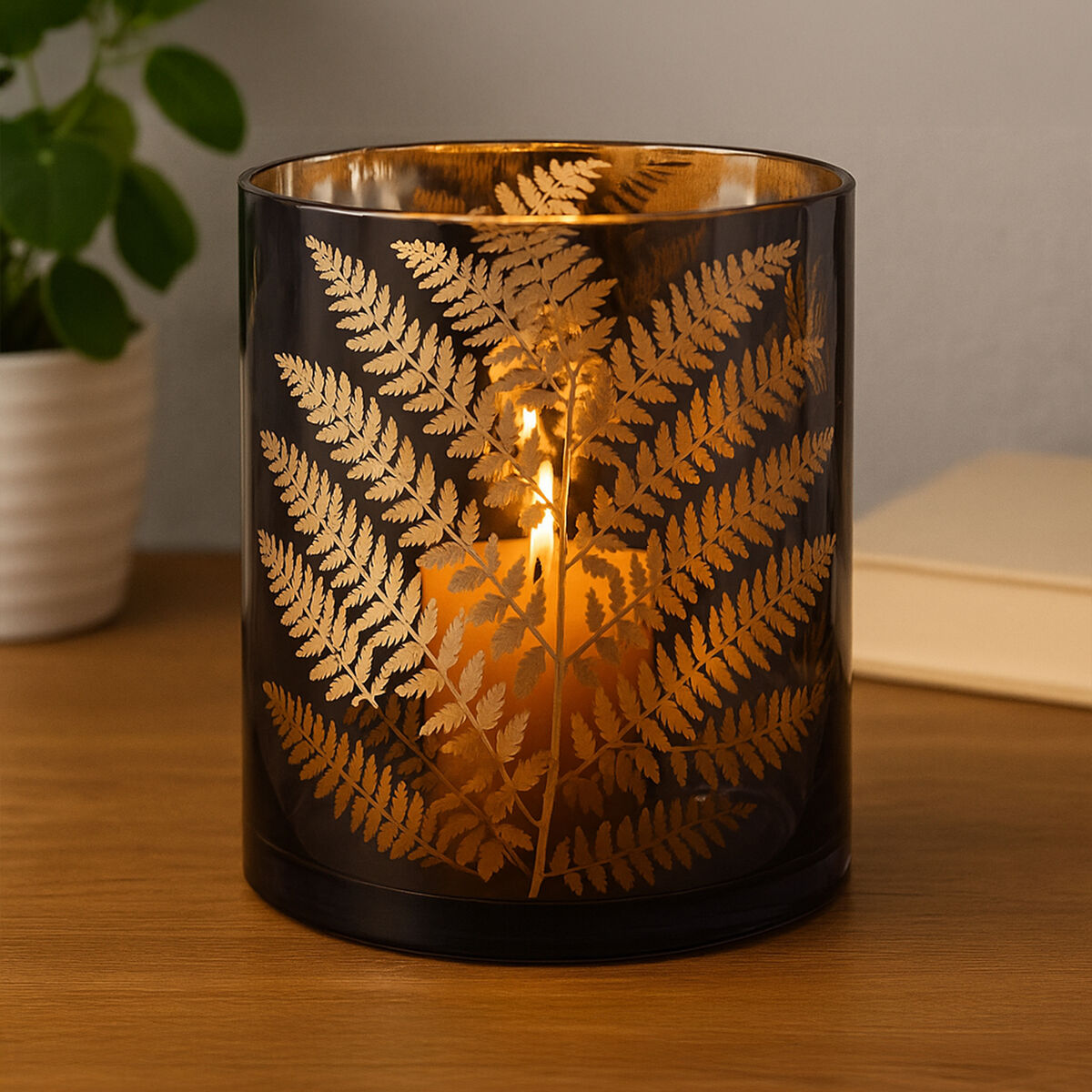 Orsina Fern Large Glass Hurricane Candle Holder – Etched Leaf Motif
