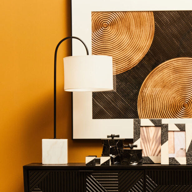 Orsina Murdoch Curved Table Lamp – White Marble Base & Fabric Shade