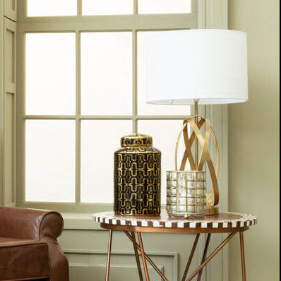 Orsina Zaina Gold Cross Table Lamp – Iron Base with White Linen Drum Shade