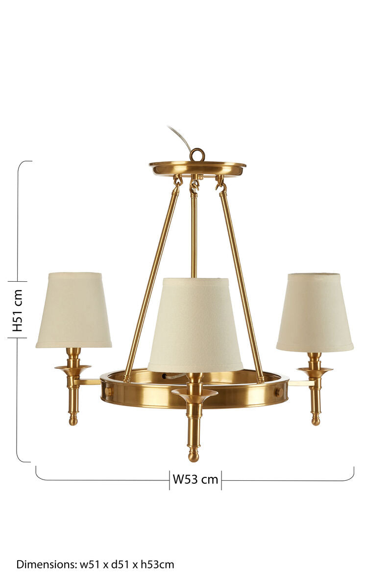 Orsina Zina Gold Ceiling Light | 3-Arm Chandelier with Linen Shades