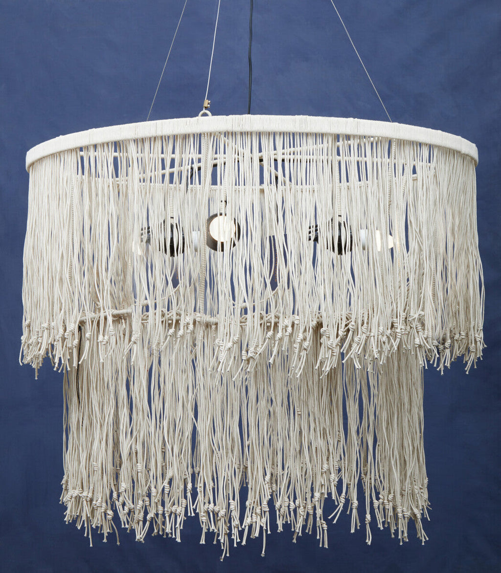 Orsina Hestina Cream Leather 2-Tier Fringe Ceiling Light Pendant