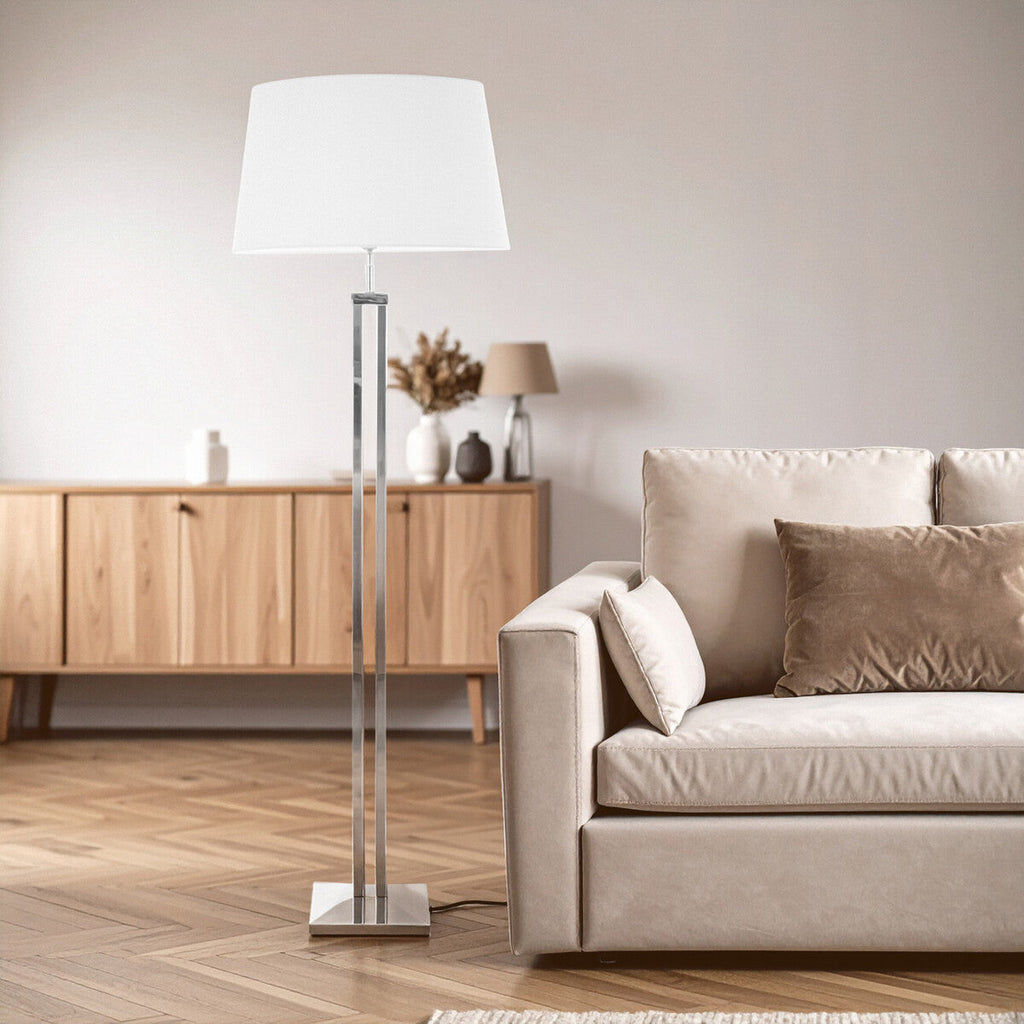 Orsina Skye Floor Lamp – Modern Nickel Dual Rod Base with White Shade
