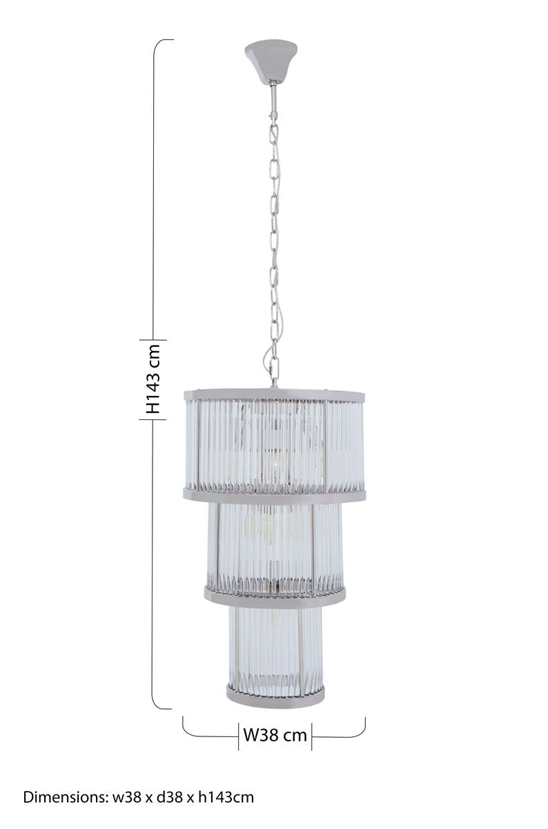 Orsina Salasco 3-Tier Nickel Chandelier | 38cm Fluted Glass Pendant