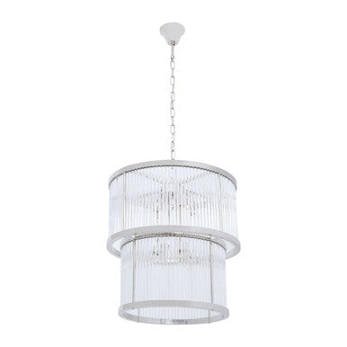 Orsina Salasco 2-Tier Nickel Chandelier | Fluted Glass Drum Pendant
