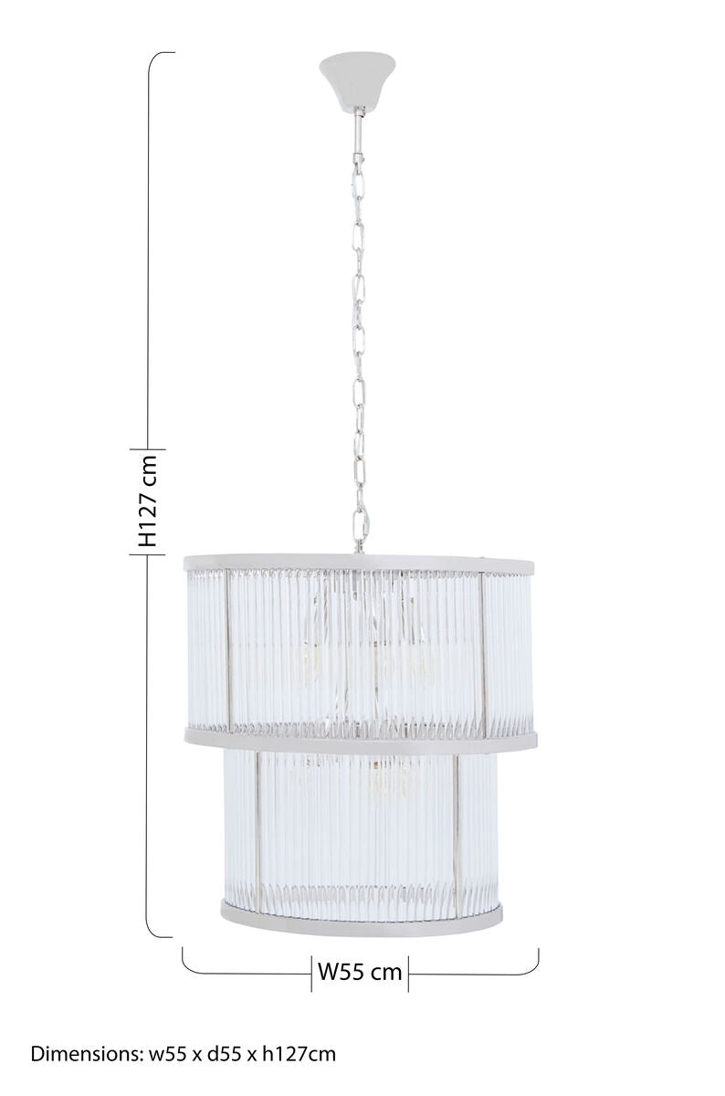 Orsina Salasco 2-Tier Nickel Chandelier | Fluted Glass Drum Pendant