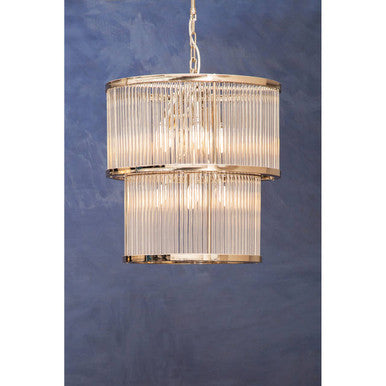 Orsina Salasco 2-Tier Nickel Chandelier | Fluted Glass Drum Pendant