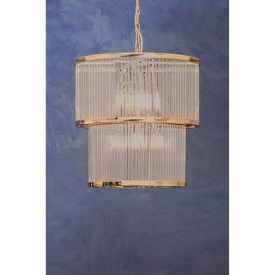 Orsina Salasco 2-Tier Nickel Chandelier | Fluted Glass Drum Pendant