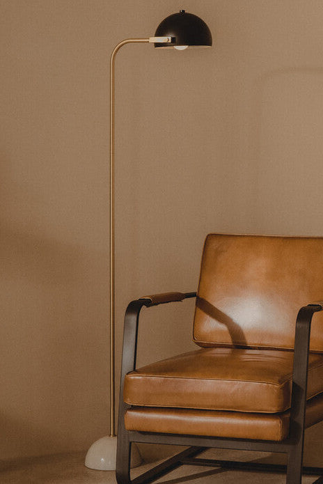 Orsina Murdoch Brass Arc Floor Lamp with Black Shade and Marble Base