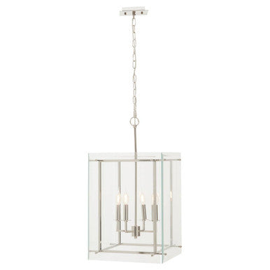 Orsina Claridge 4-Bulb Linear Pendant Light | Nickel & Glass Lantern