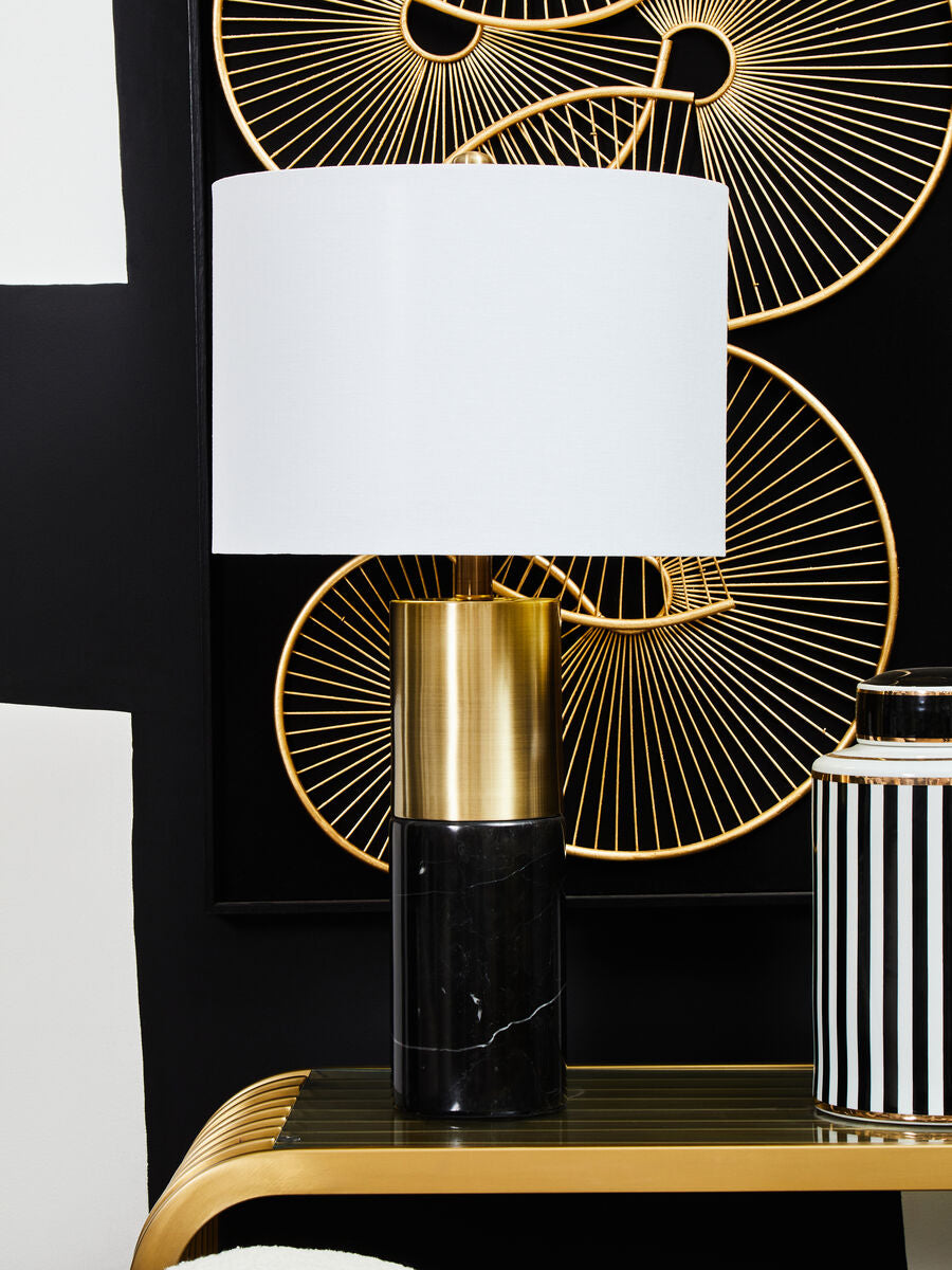 Orsina Edgar Black Marble and Gold Table Lamp with Ivory Drum Shade