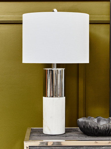 Orsina Eben Marble Table Lamp | Modern White Stone with Ivory Shade