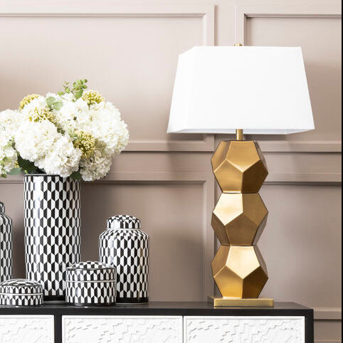 Orsina Eleri Gold Glass Table Lamp – Geometric Base with Ivory Shade