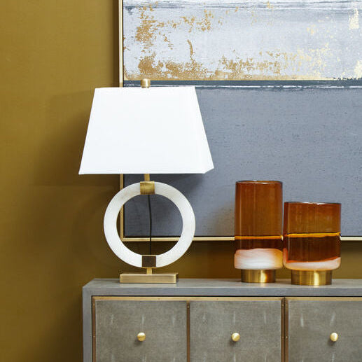 Orsina Elora Circular White Marble Table Lamp with Ivory Drum Shade