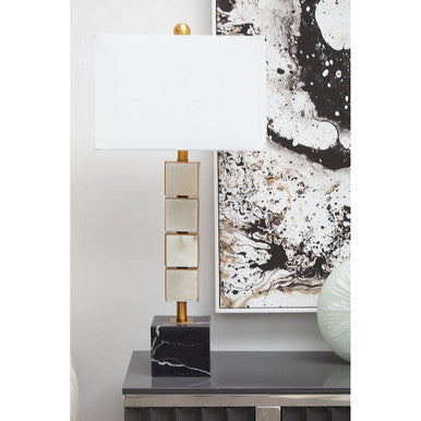 Orsina Marmo Marble Table Lamp – Gold Stem with White Fabric Drum Shade