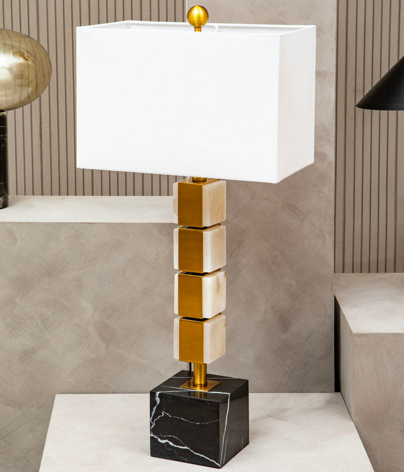 Orsina Marmo Marble Table Lamp – Gold Stem with White Fabric Drum Shade