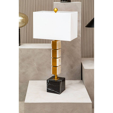 Orsina Marmo Marble Table Lamp – Gold Stem with White Fabric Drum Shade