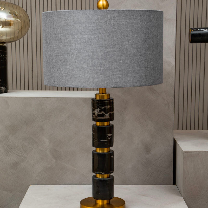 Orsina Marmo Grey Fabric Drum Shade Table Lamp with Gold Marble Base