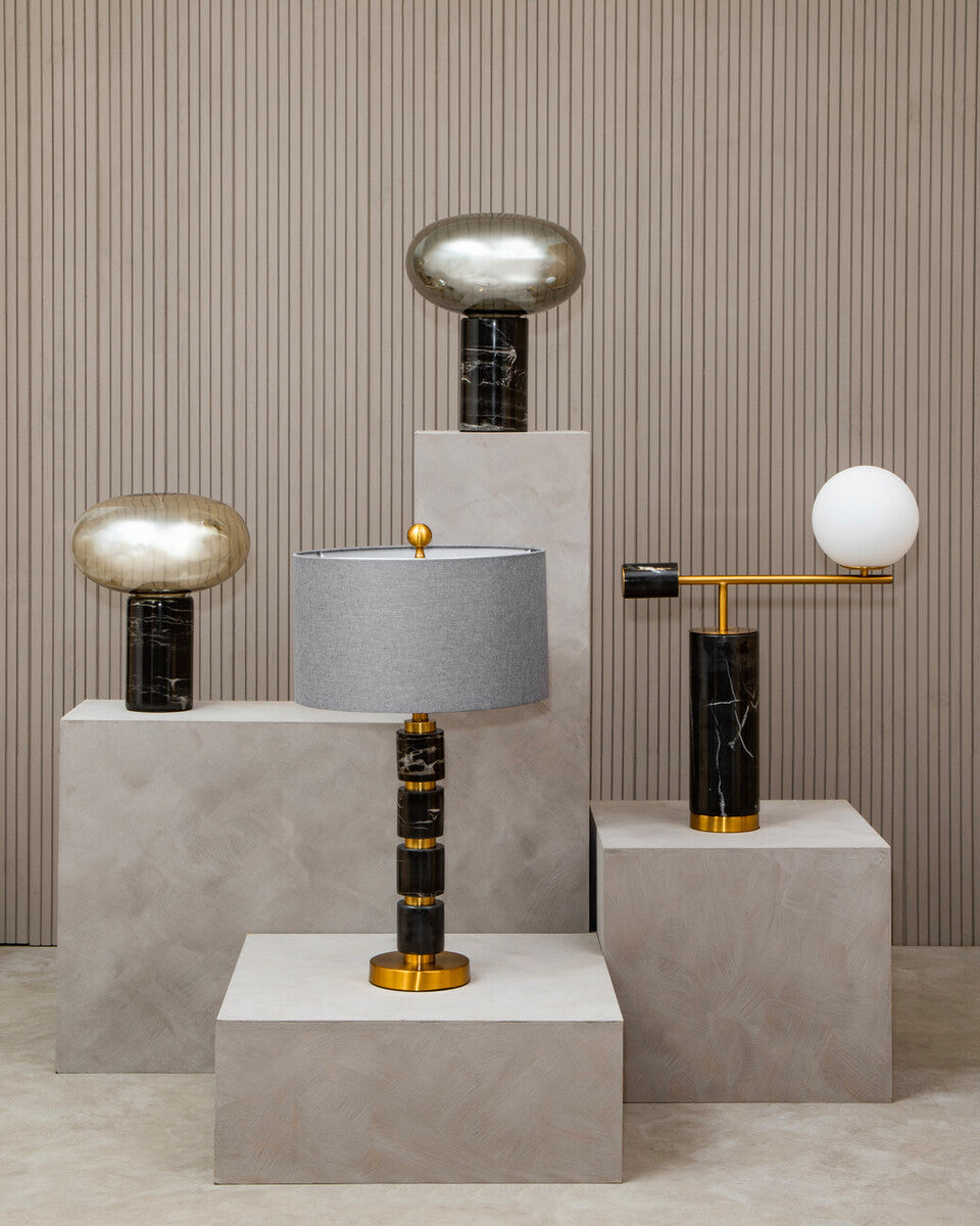 Orsina Marmo Grey Fabric Drum Shade Table Lamp with Gold Marble Base