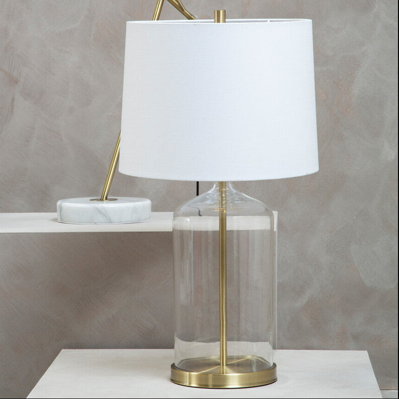 Orsina Nadia Glass and Brass Table Lamp with White Fabric Drum Shade