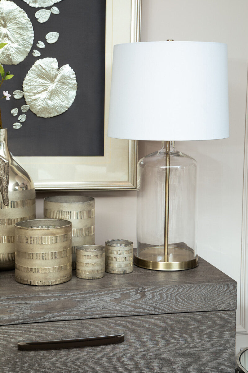 Orsina Nadia Glass and Brass Table Lamp with White Fabric Drum Shade