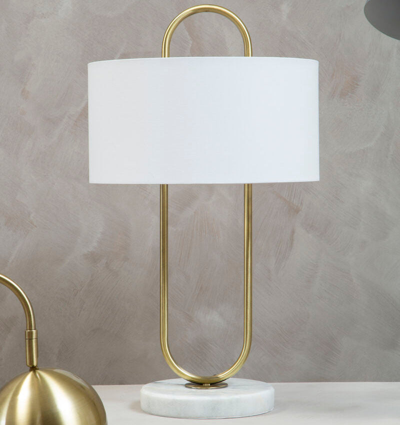 Orsina Nolan Brass Table Lamp – White Fabric Shade and Marble Base