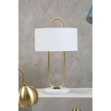Orsina Nolan Brass Table Lamp – White Fabric Shade and Marble Base