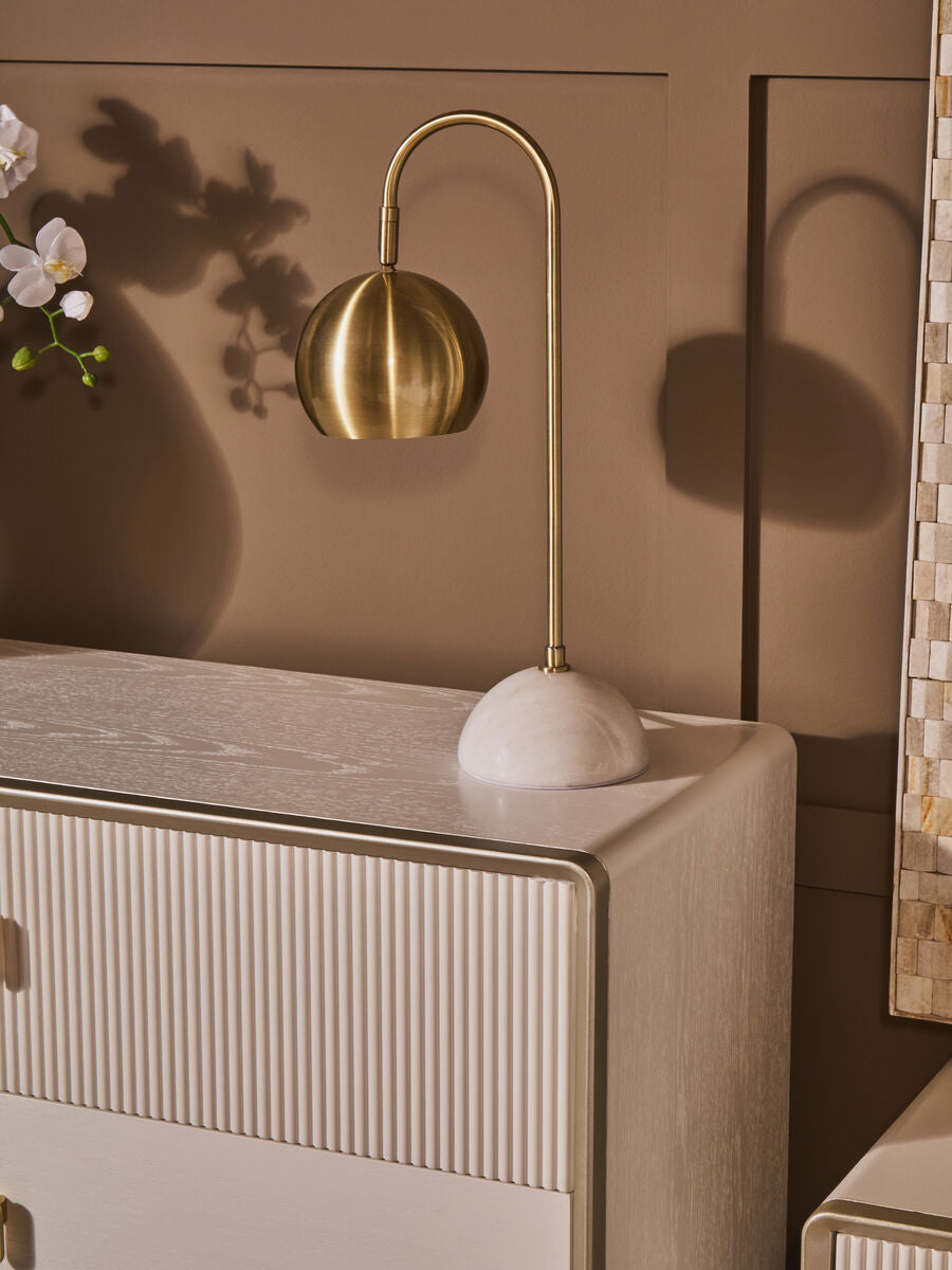 Orsina Newton Globe Desk Lamp – Gold Metal Shade & White Marble Base