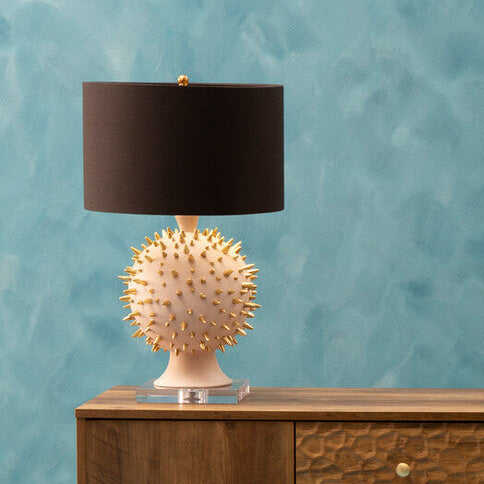 Orsina Picos Table Lamp – Gold Spiked Base with Pink Globe and Black Shade