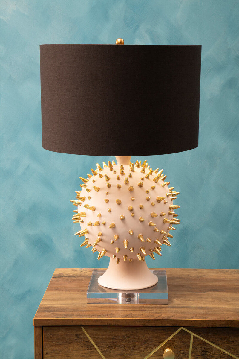 Orsina Picos Table Lamp – Gold Spiked Base with Pink Globe and Black Shade