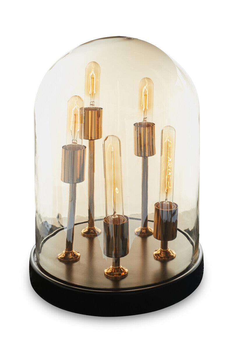 Orsina Amber Glass Dome Table Lamp – Brass and Wood Vintage Lighting