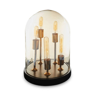 Orsina Amber Glass Dome Table Lamp – Brass and Wood Vintage Lighting