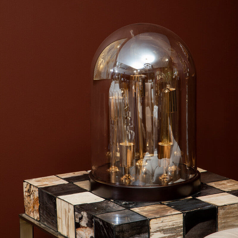 Orsina Amber Glass Dome Table Lamp – Brass and Wood Vintage Lighting