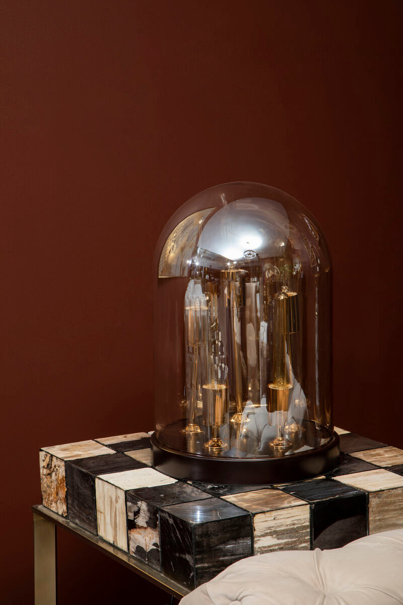 Orsina Amber Glass Dome Table Lamp – Brass and Wood Vintage Lighting