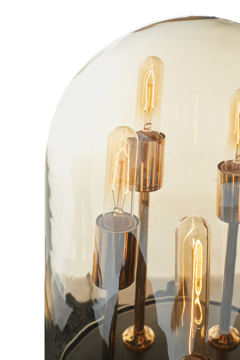 Orsina Amber Glass Dome Table Lamp – Brass and Wood Vintage Lighting
