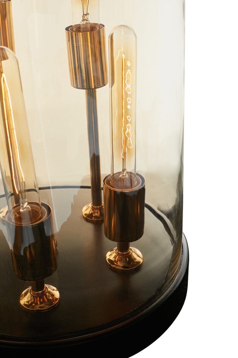 Orsina Amber Glass Dome Table Lamp – Brass and Wood Vintage Lighting