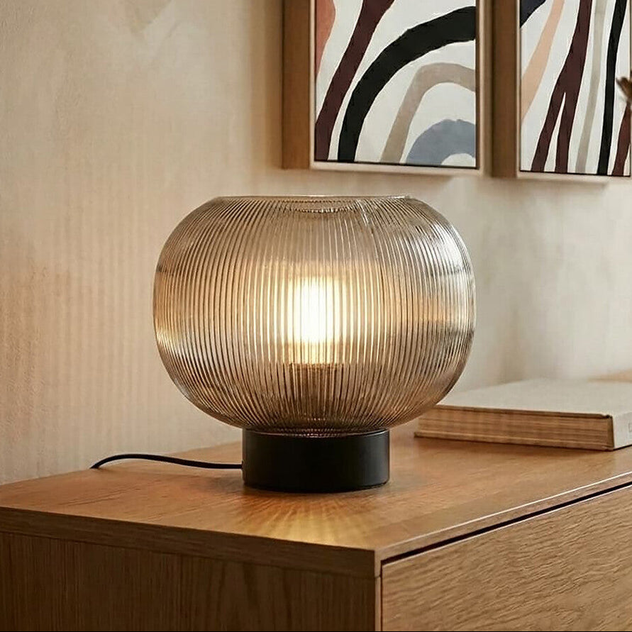 Orsina Enola Large Ribbed Smoked Glass Table Lamp – Mid-Century Retro