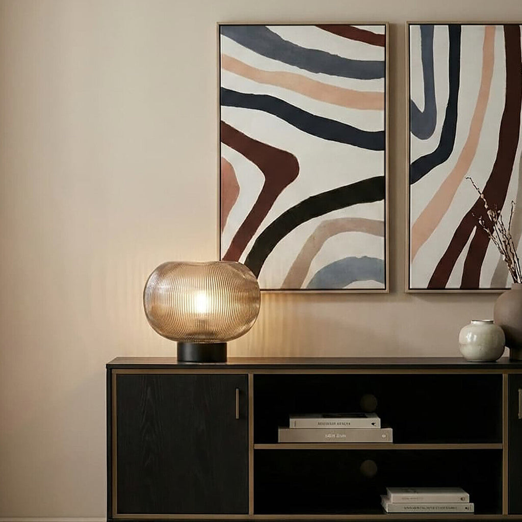 Orsina Enola Large Ribbed Smoked Glass Table Lamp – Mid-Century Retro