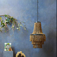 Orsina Lapiz Wood Chandelier – 3-Tier Beaded Boho Lighting Fixture
