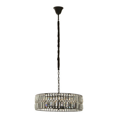 Orsina Babylon Crystal Chandelier – 6-Bulb Black Iron Drum Pendant