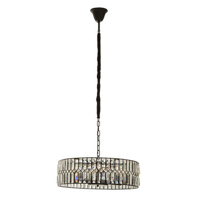 Orsina Babylon Crystal Chandelier – 6-Bulb Black Iron Drum Pendant
