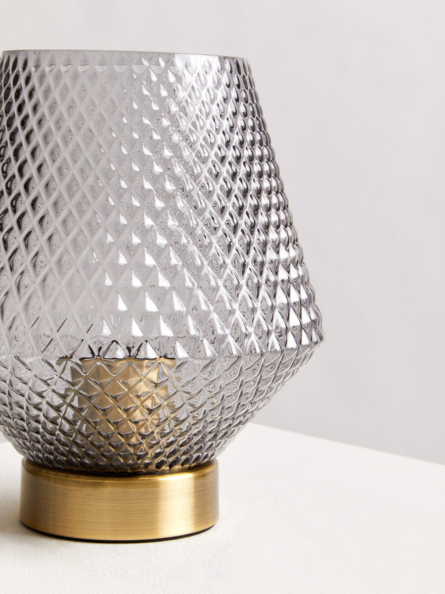 Orsina Noble Grey Smoked Glass Table Lamp with Gold Base and White Shade